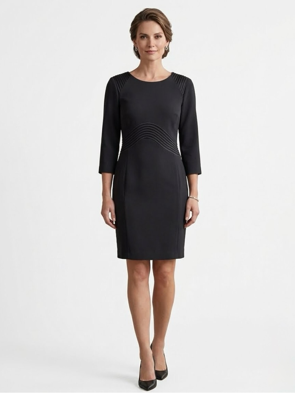 ANTONIO MELANI Black Wave Midi Sheath Dress Size 8 Cocktail Wedding Guest Chic
